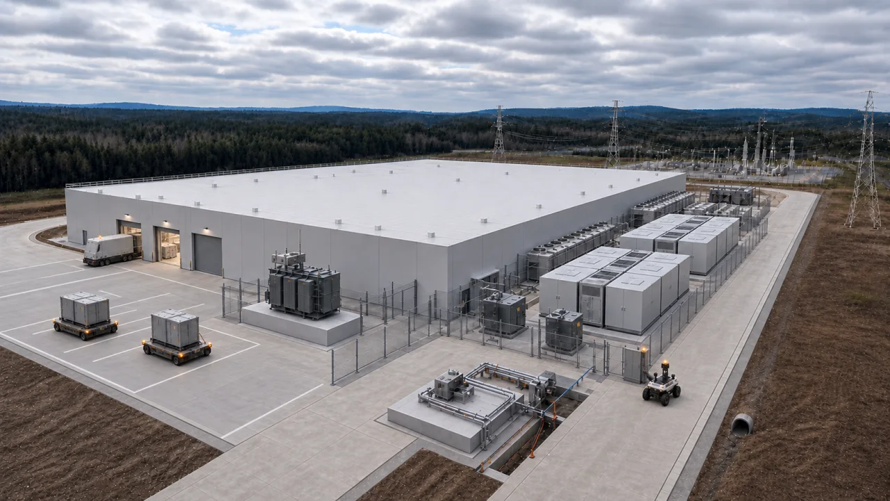 Equipment arriving at the completed facility while a rover checks the installed energy systems