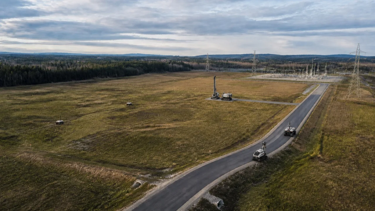 Survey rovers and a geotechnical rig gathering site evidence on the same undeveloped parcel