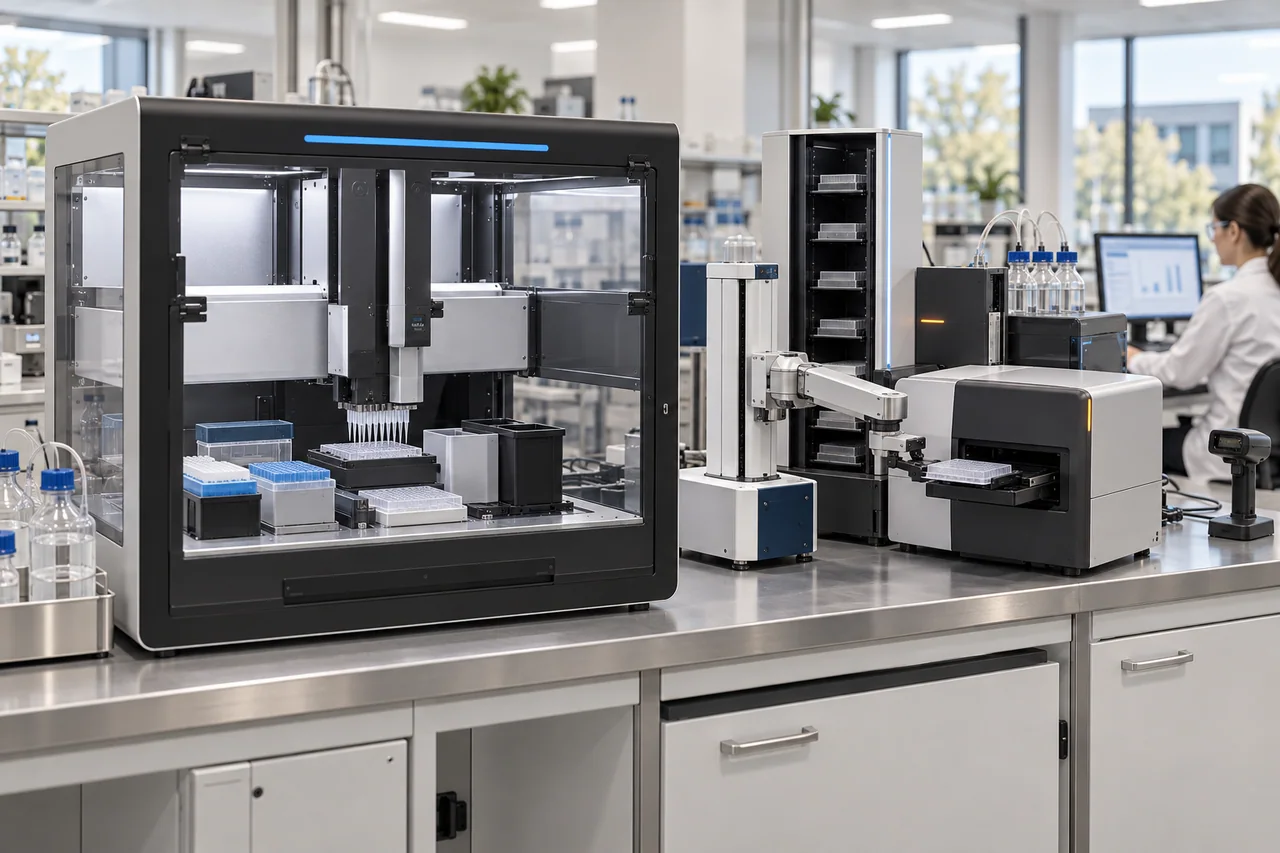 An automated pipetting station, a compact robot loading a microplate into a reader, vertical plate storage, and a scientist reviewing results in a modern wetlab
