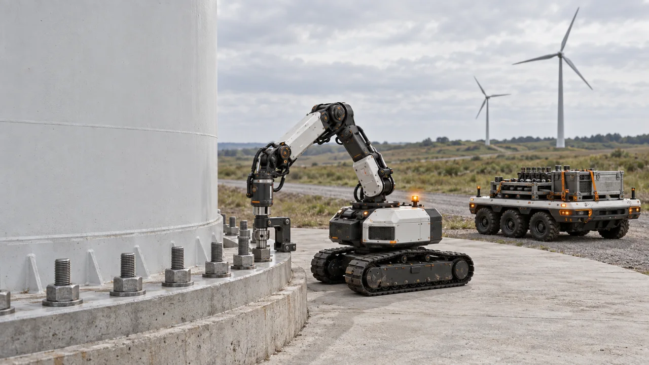 A connection robot fastens a wind-turbine base flange, with a tooling carrier and completed turbines in the background